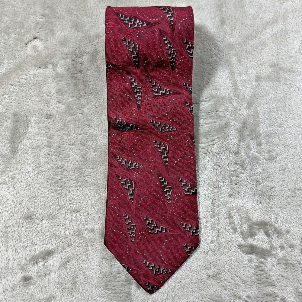 Vintage Valentino Cravatte Tie Men 55x3.5 Red Abstract Geometric Silk Made Italy